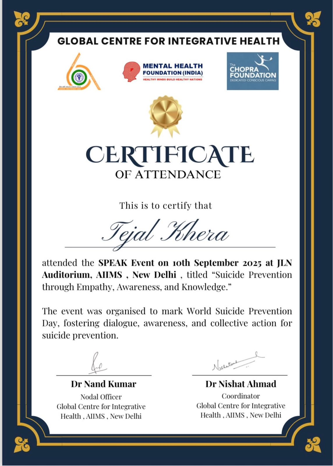 AIIMS SPEAK event certificate