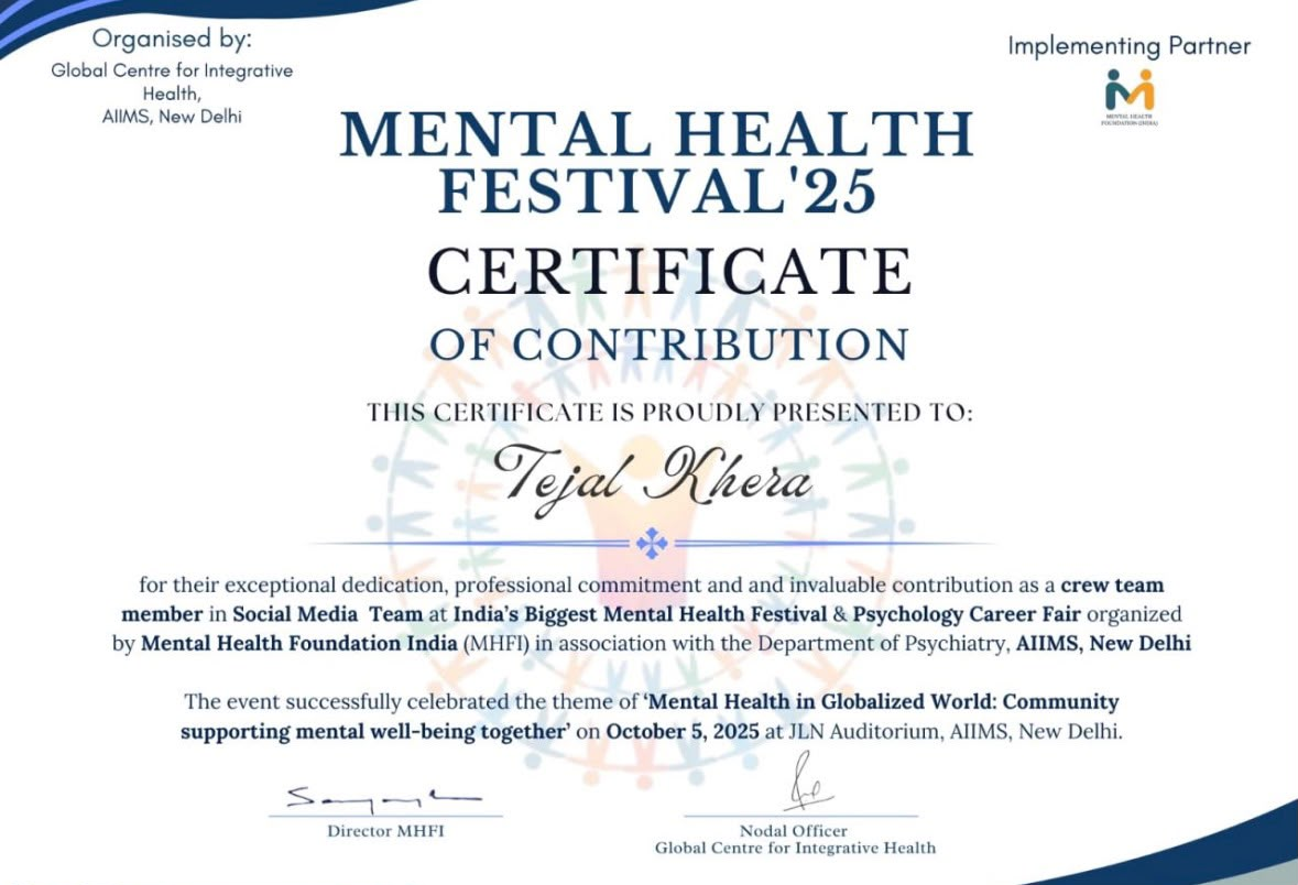 Mental Health Festival 2025 certificate