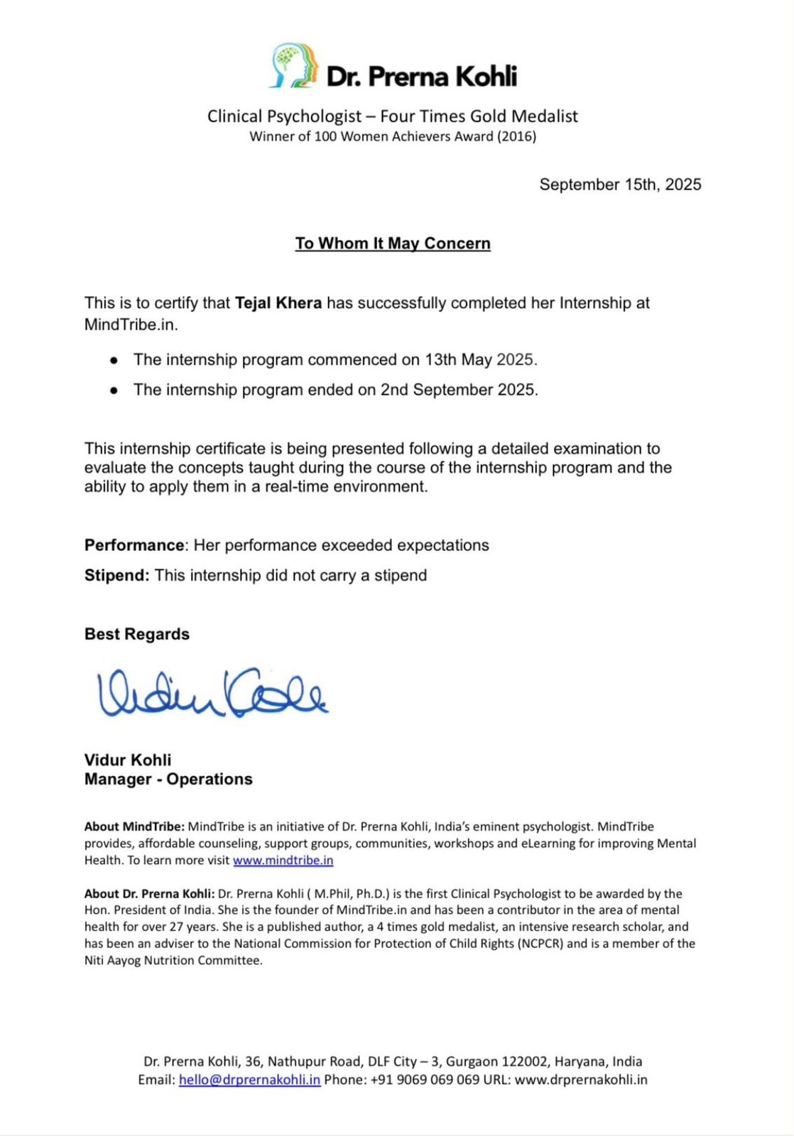 MindTribe internship completion letter