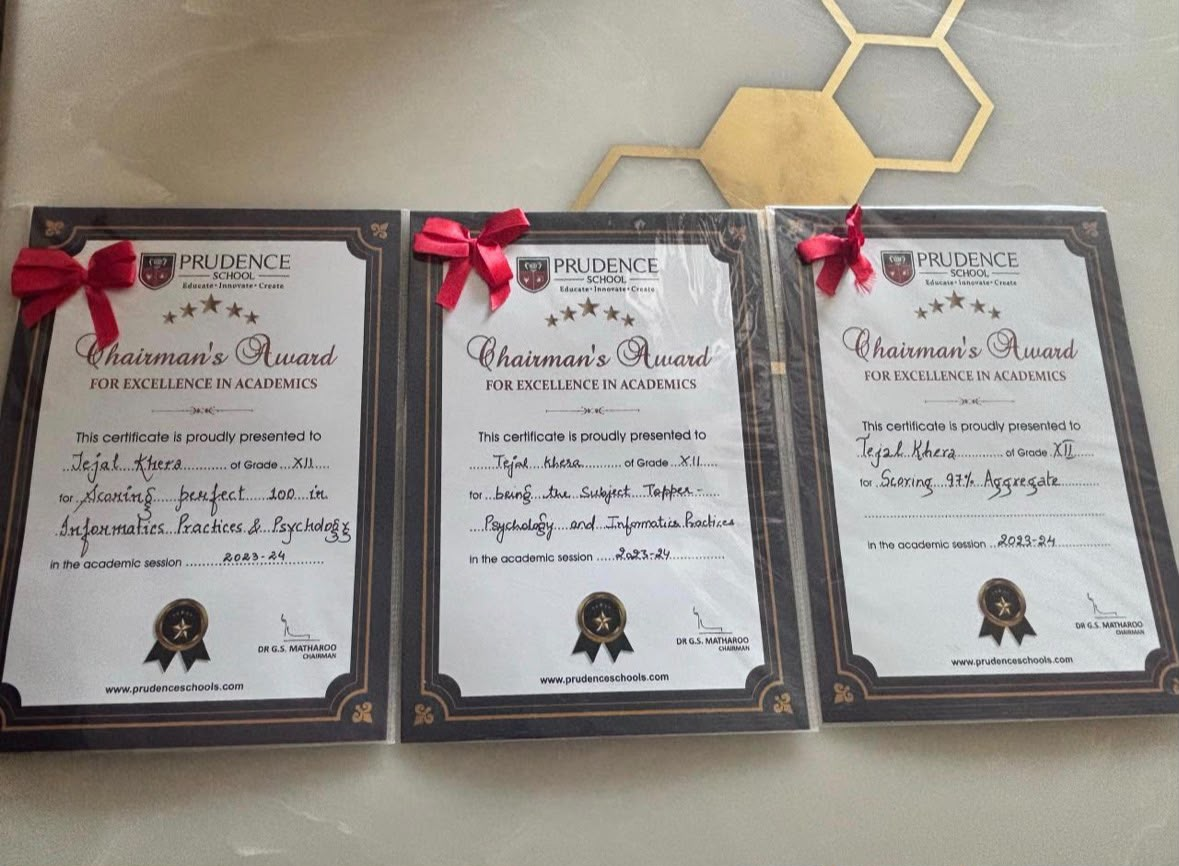 Prudence School Chairman's Award certificates