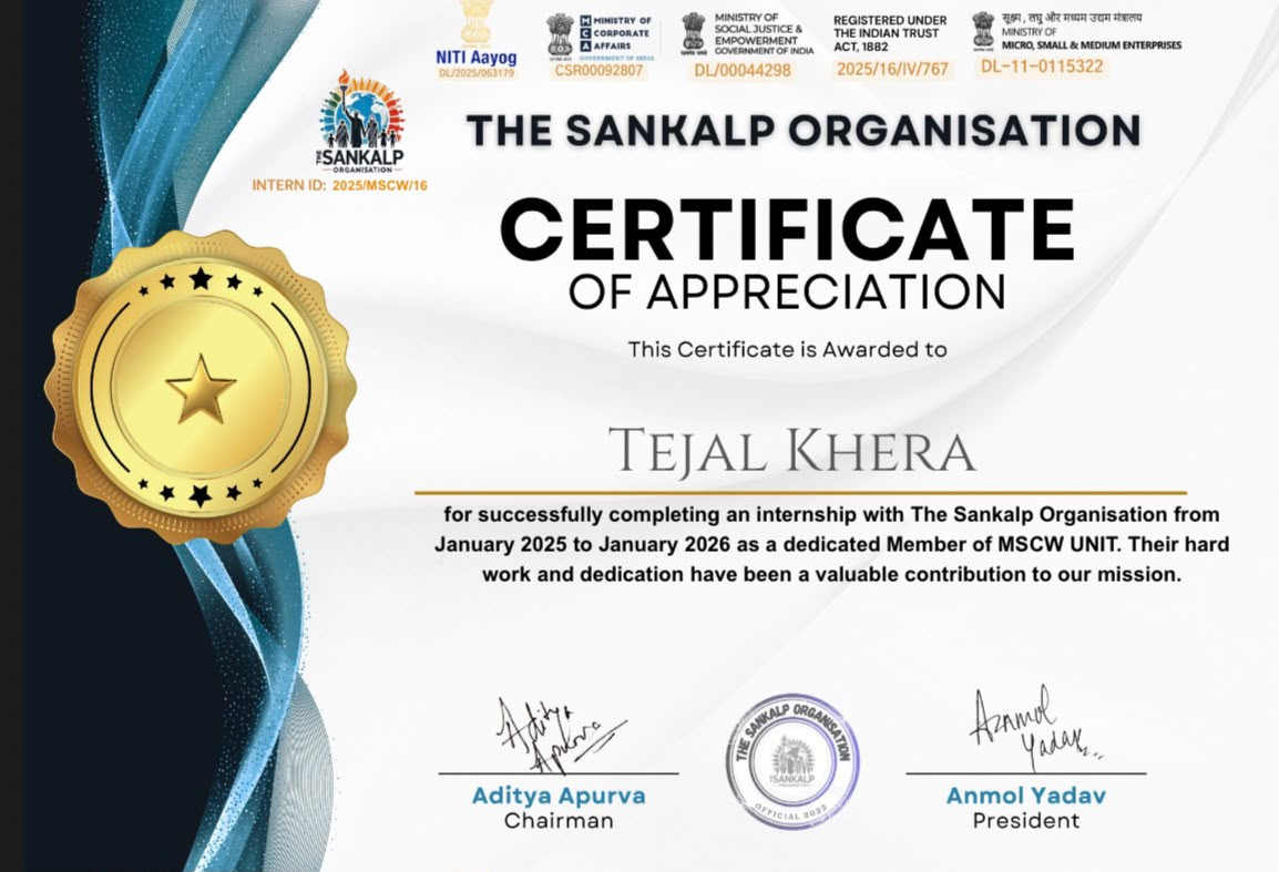 Sankalp Organisation certificate of appreciation