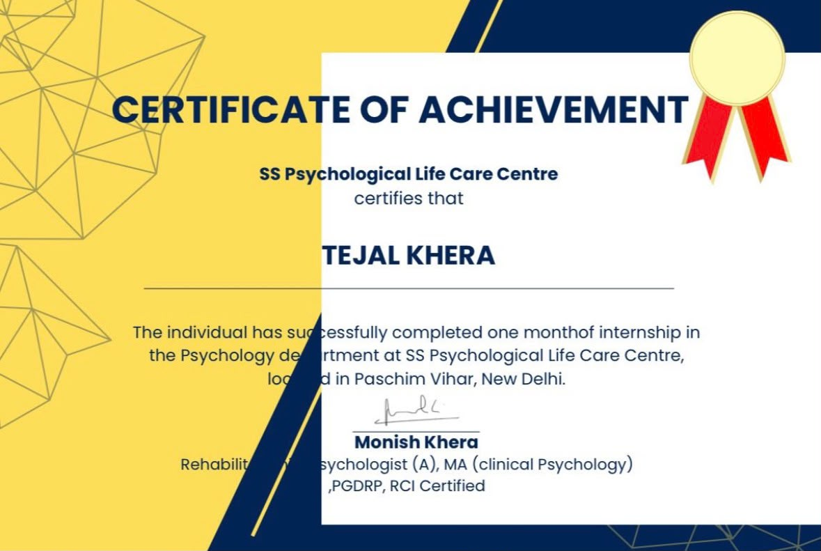 SS Psychological Life Care Centre certificate